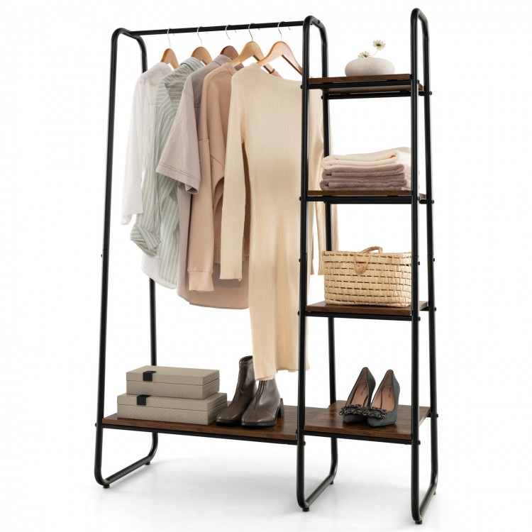 Clothes rack with a stylish metal frame, showcasing 5 shelves for bags and shoes, perfect for maximizing storage space.