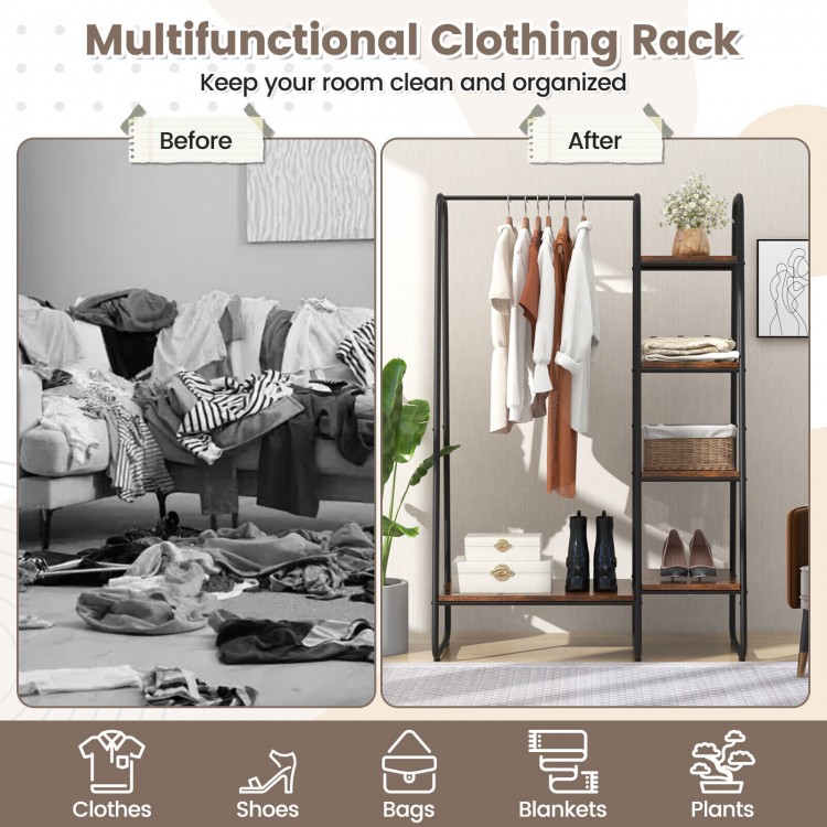 Free-standing clothes rack with metal frame, featuring 5 shelves and a hanging rod for organized storage of clothes and.