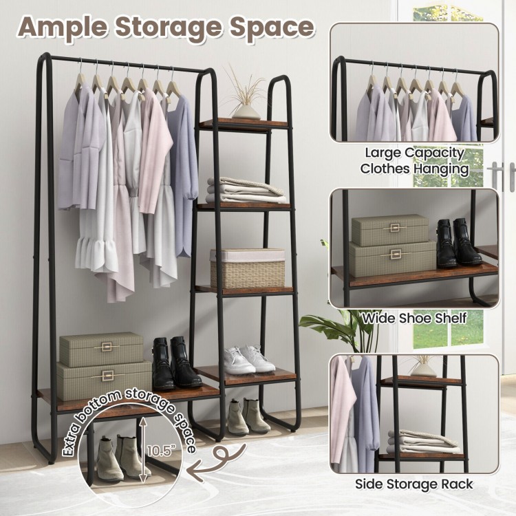 Free-standing clothes rack with metal frame, 5 shelves, and hanging rod for versatile storage of garments and shoes.