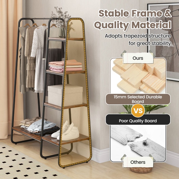 Detail view of the sturdy MDF board and triangular metal frame of the free-standing clothes rack, ensuring durability.