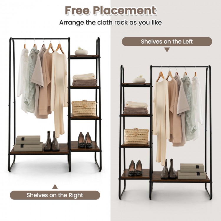 Free-standing clothes rack with metal frame, featuring 5 shelves and a hanging rod for versatile storage solutions.