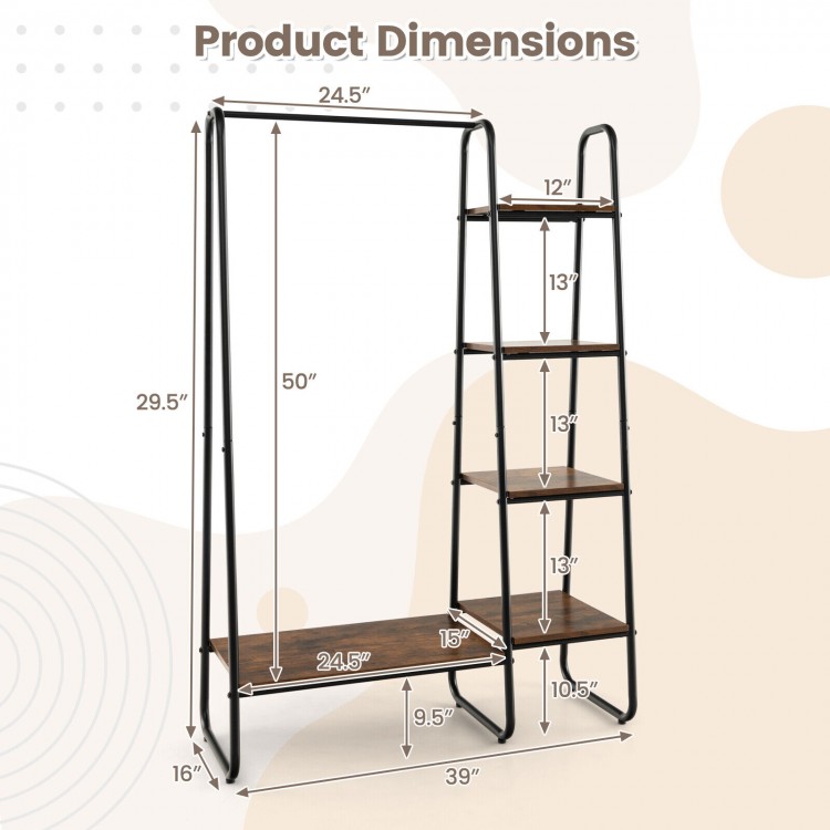 Dimensions of the free-standing clothes rack with metal frame, featuring 5 shelves and a hanging rod for versatile.