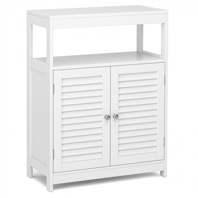 Freestanding white bathroom cabinet with double shutter doors and adjustable shelf, ideal for storage in various spaces.