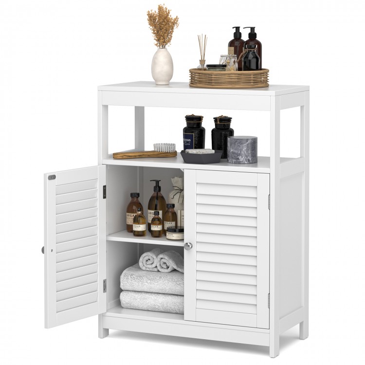 Freestanding white bathroom cabinet with double shutter doors, adjustable shelves, and open storage for towels and.