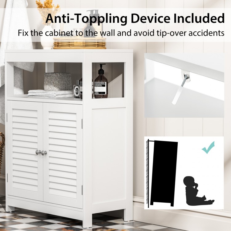 Freestanding white bathroom cabinet with double shutter doors, adjustable shelf, and anti-tipping device for safety.