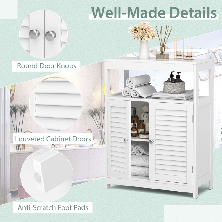 Freestanding white bathroom cabinet with double shutter doors, adjustable shelf, and anti-scratch foot pads for.