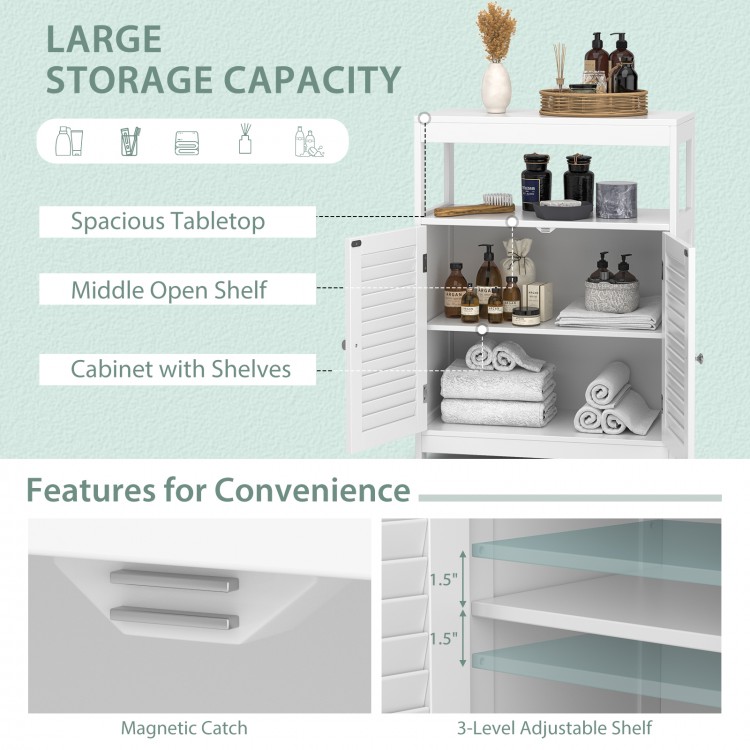 Freestanding white bathroom cabinet with double shutter doors and adjustable shelves for versatile storage solutions.