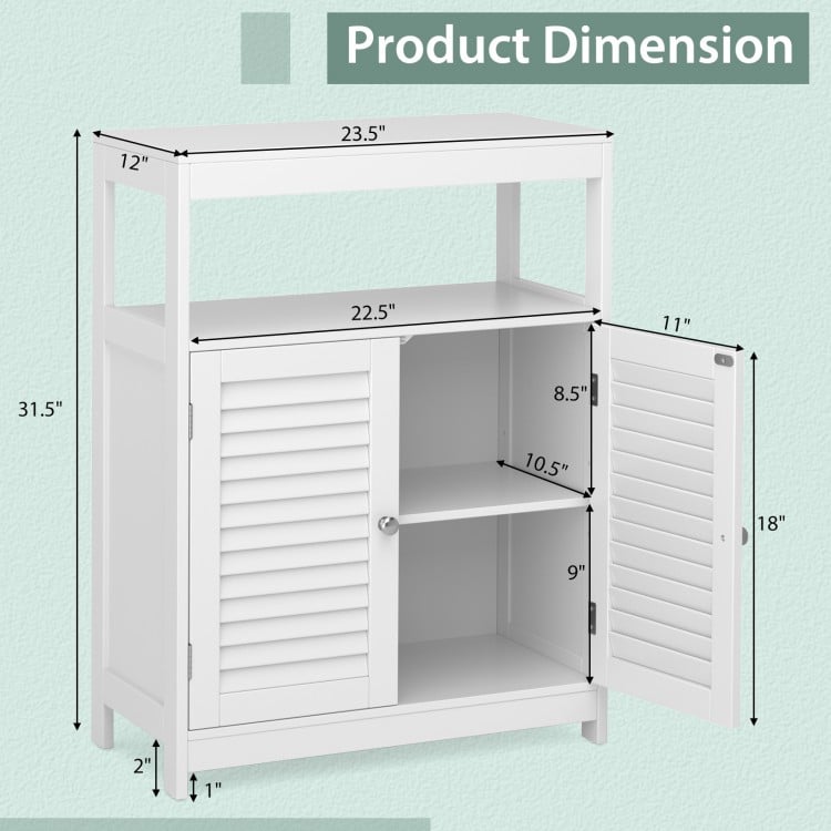 Dimensions of the white freestanding bathroom floor cabinet with double shutter doors and adjustable storage shelf.