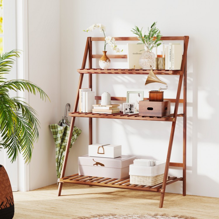 3-tier brown bamboo ladder shelf with a foldable design, ideal for indoor or outdoor plant display and storage.