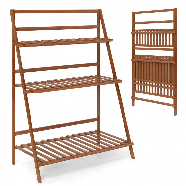 3-tier foldable bamboo ladder shelf in brown, ideal for indoor and outdoor plant display and storage.