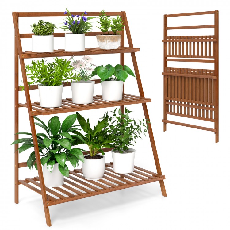 3-tier brown bamboo ladder shelf with plants, foldable design for indoor and outdoor use, durable and stable structure.
