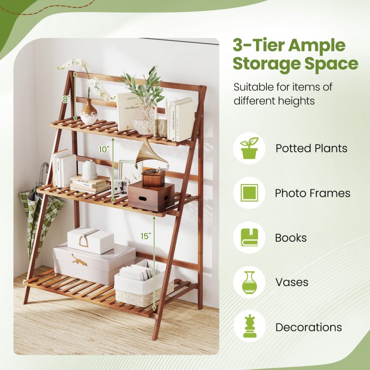 3-tier bamboo ladder shelf in brown, ideal for displaying plants, books, and decorations indoors or outdoors.