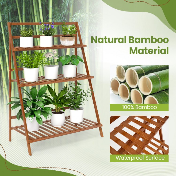 3-tier foldable bamboo ladder shelf in brown, ideal for indoor and outdoor plant display with a durable, waterproof.
