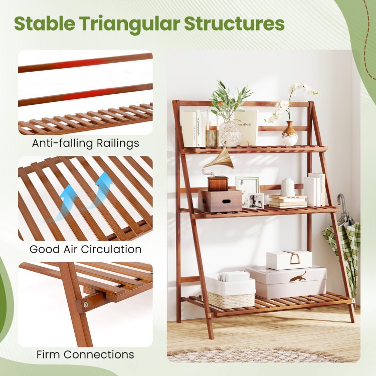 3-tier bamboo ladder shelf in brown with triangular structure, ideal for indoor or outdoor plant display and storage.