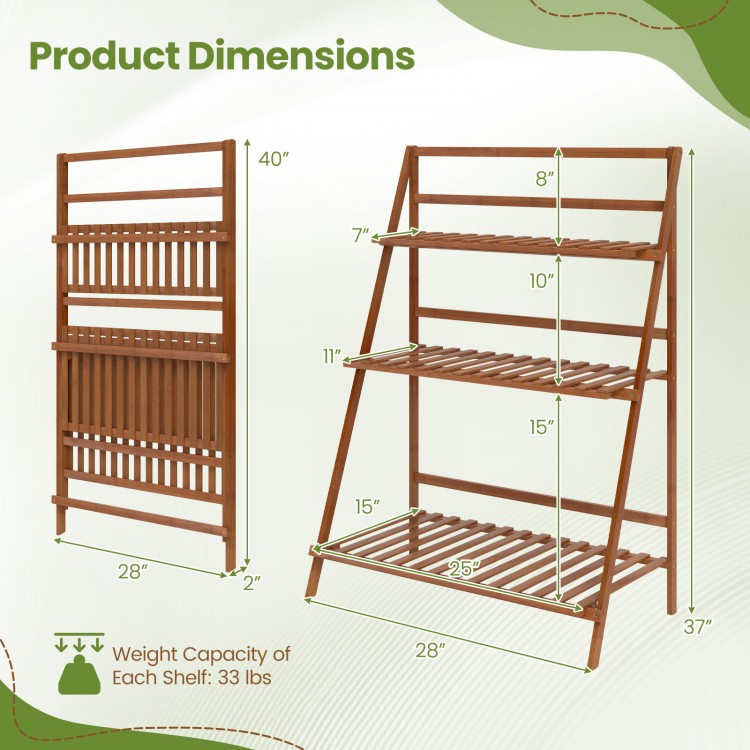 3-tier bamboo ladder shelf with dimensions, featuring a foldable design for indoor and outdoor plant display.