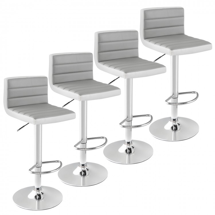 Set of four adjustable height barstools with PU leather seats and chrome bases, ideal for kitchens and cafes.