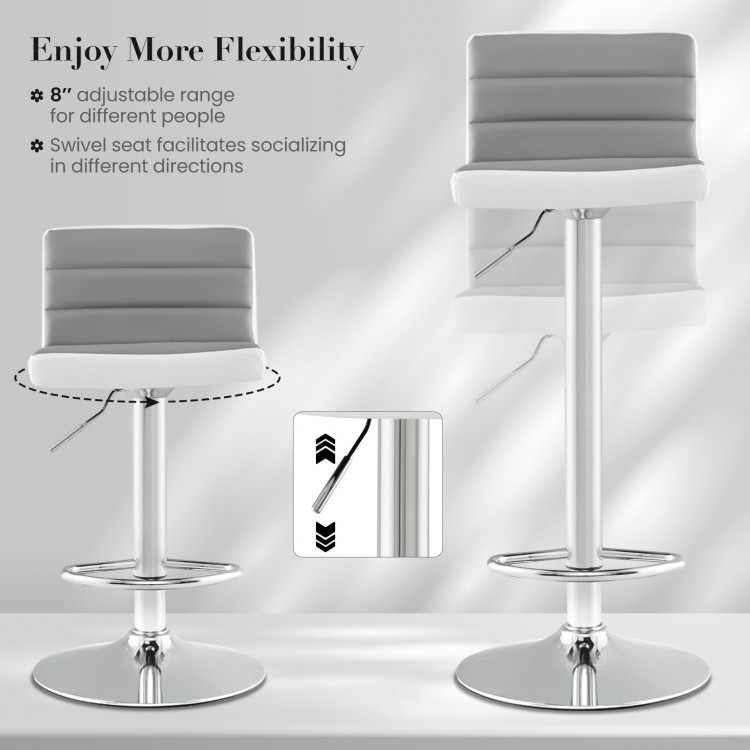 Adjustable barstool with ergonomic backrest, PU leather seat, and 360° swivel for versatile use in bars and kitchens.