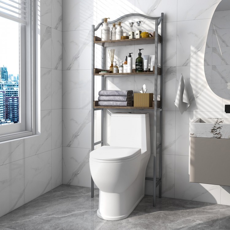 3-tier over-the-toilet storage rack in silver, made of engineered wood and metal, perfect for organizing bathroom.
