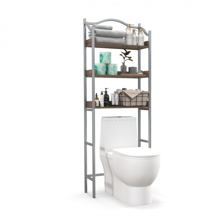3-tier over-the-toilet bathroom spacesaver rack in silver, featuring engineered wood shelves for organized storage.