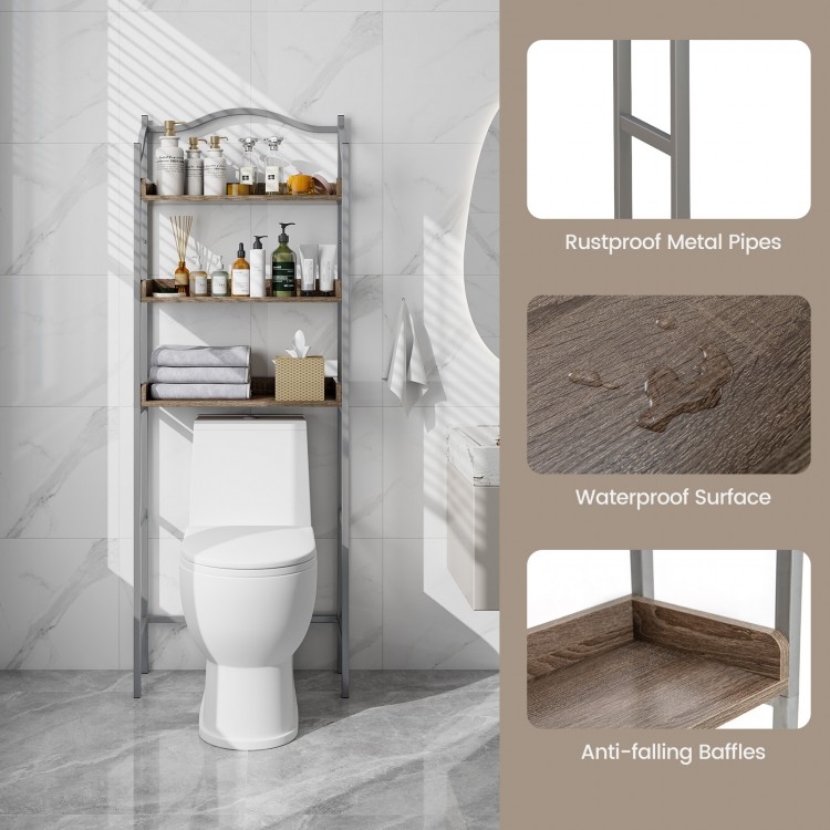 3-tier over-the-toilet storage rack in silver with waterproof surface and rustproof metal pipes for bathroom.