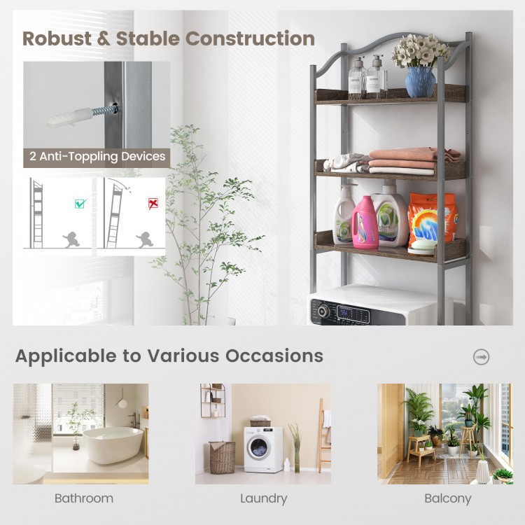 3-tier over-the-toilet storage rack in silver, made of engineered wood and metal, perfect for bathroom organization.