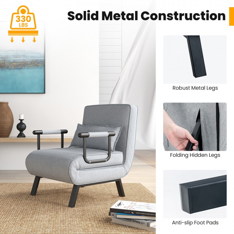 Light gray folding armchair with solid metal legs, 6-position adjustable backrest, ideal for versatile seating or.