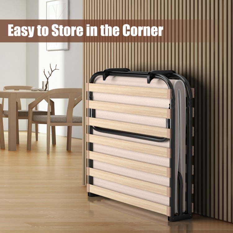 Twin size folding guest bed with memory foam mattress, compact design for easy corner storage and durable steel frame.
