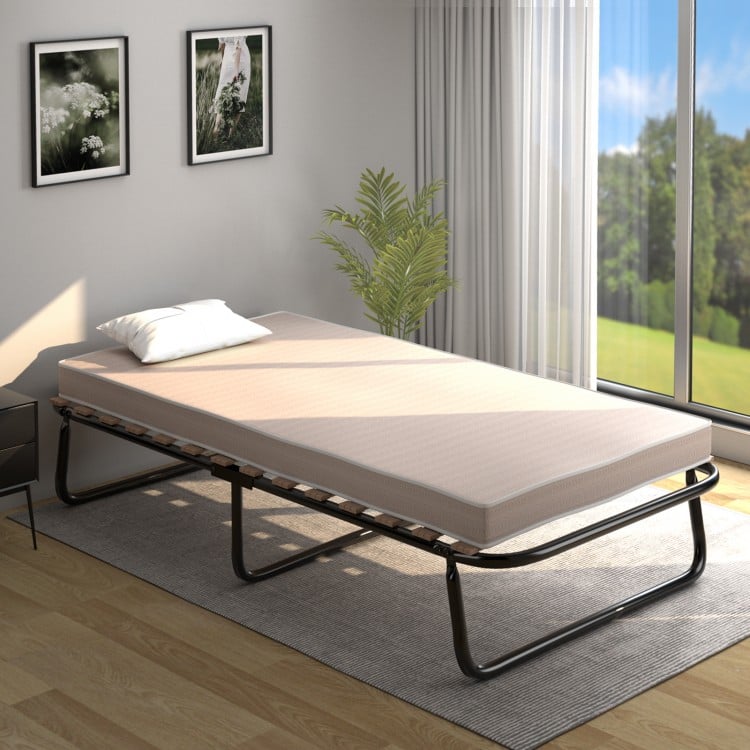 Twin size folding guest bed with memory foam mattress, featuring a sturdy steel frame and soft surface for comfort.