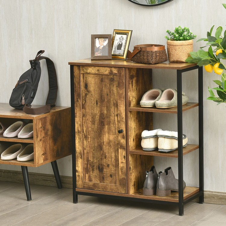 Freestanding storage cabinet with 3 open shelves and doors, made of engineered wood and metal, perfect for entryway.