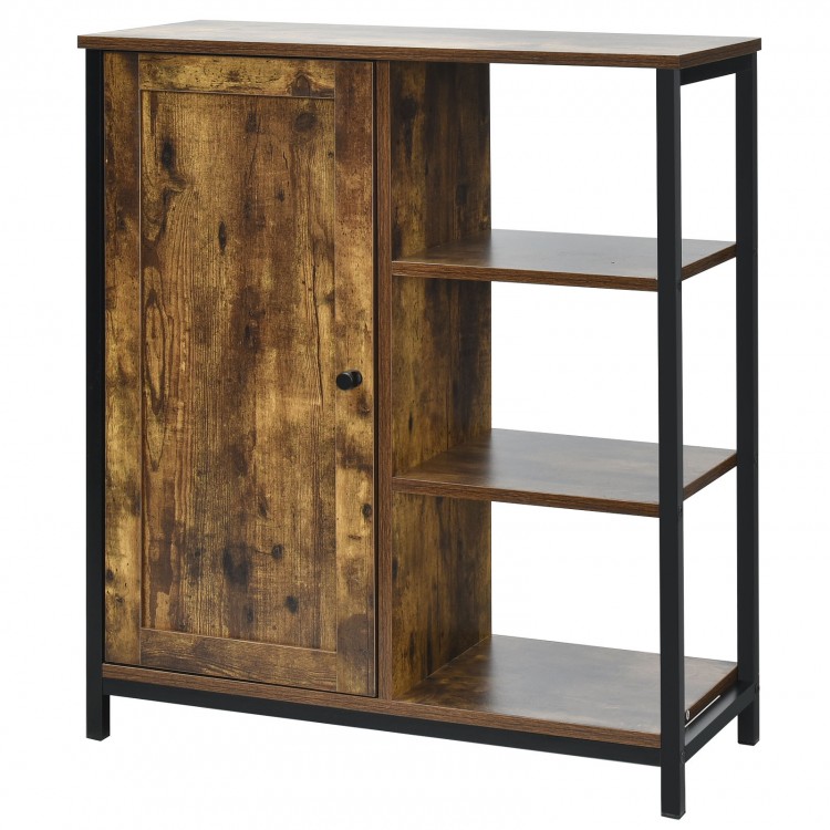 Freestanding storage cabinet with 3 open shelves, engineered wood, and metal frame, perfect for living room or kitchen.