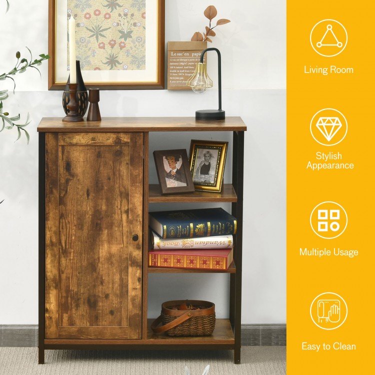 Freestanding storage cabinet with 3 open shelves and doors, made of engineered wood, ideal for living room organization.