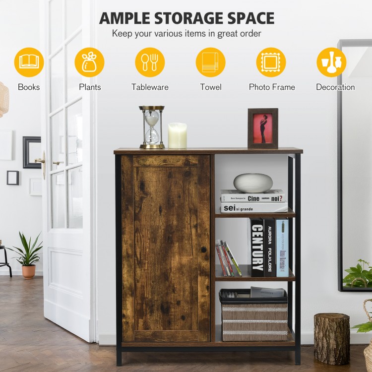 Multipurpose freestanding storage cabinet with 3 open shelves and doors, made of engineered wood for versatile home.