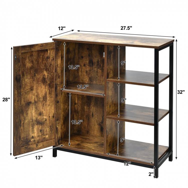 Multipurpose freestanding storage cabinet with 3 open shelves and doors, featuring a sturdy metal frame and adjustable.