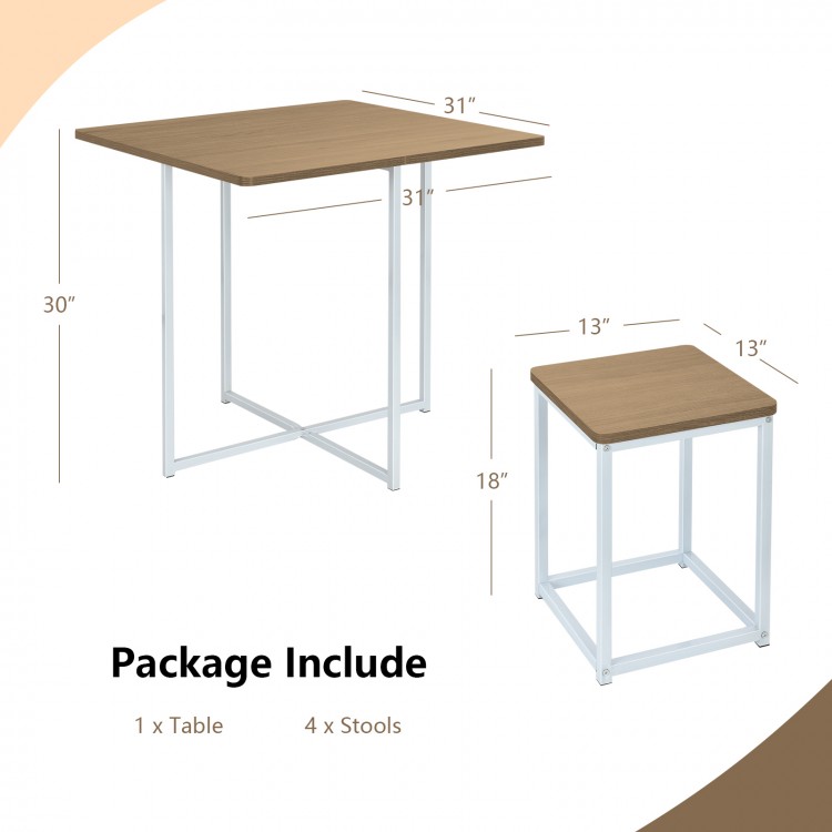 Compact dining set featuring a natural wood table and four stools, perfect for small spaces and easy to clean.