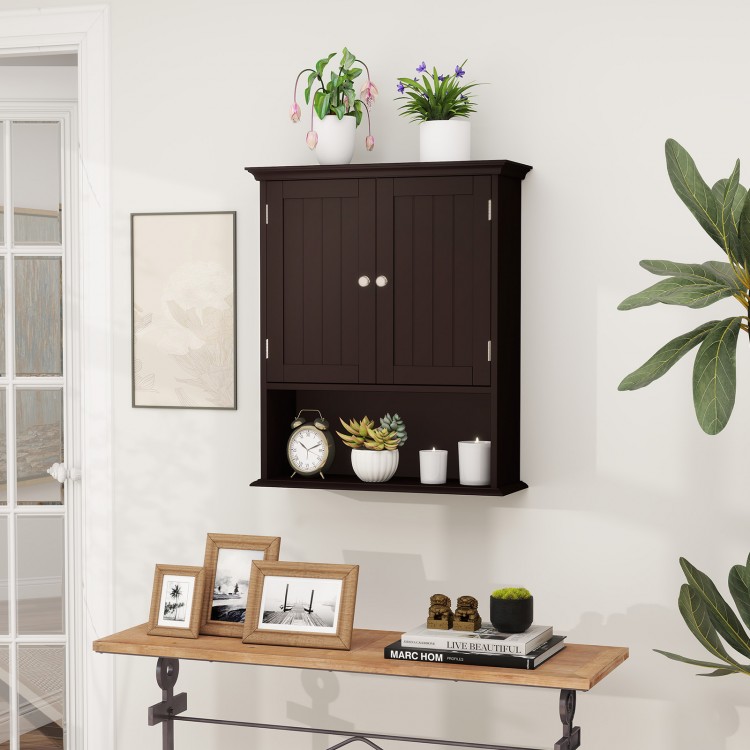 Wall-mounted brown bathroom cabinet with two doors and adjustable shelves, ideal for organizing various items.