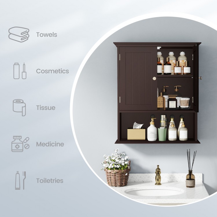 Wall-mounted brown bathroom cabinet with adjustable shelves and doors, perfect for organizing toiletries and cosmetics.
