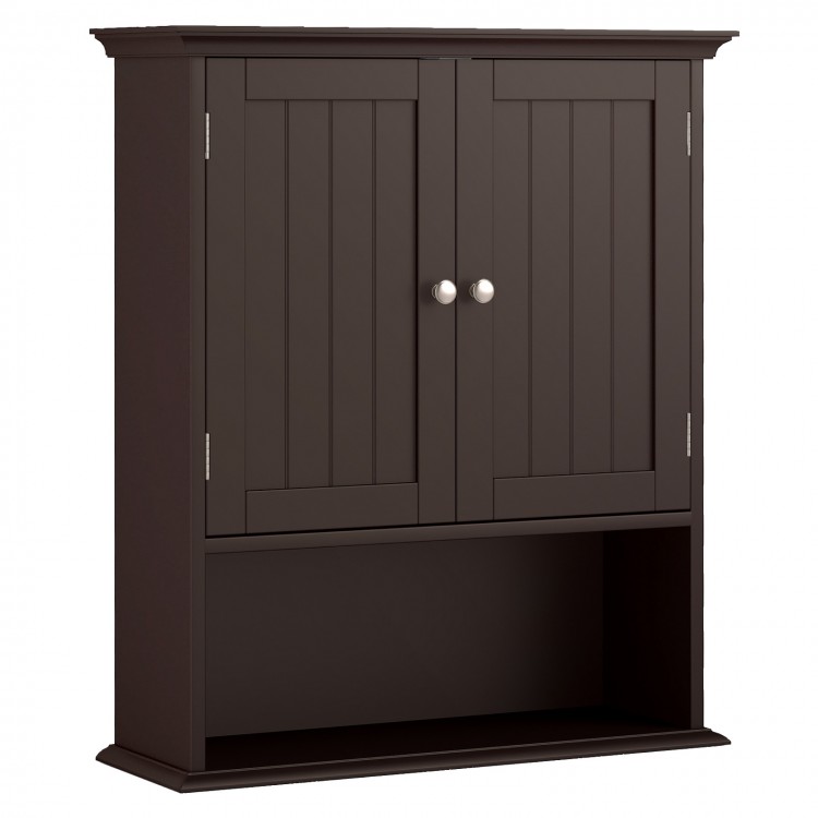 Wall-mounted brown bathroom cabinet with doors and adjustable shelves for organized storage in any room.