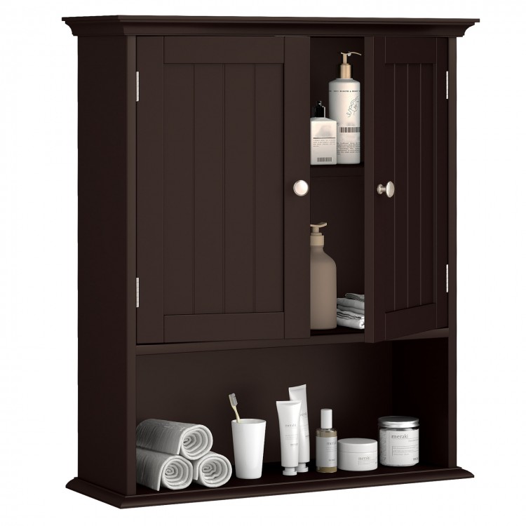 Wall-mounted brown bathroom cabinet with adjustable shelves and doors, perfect for organizing toiletries and towels.