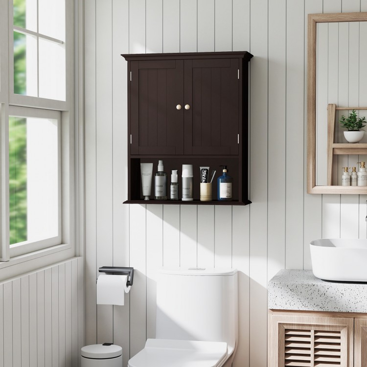 Wall-mounted brown bathroom cabinet with doors and adjustable shelves for organized storage in small spaces.