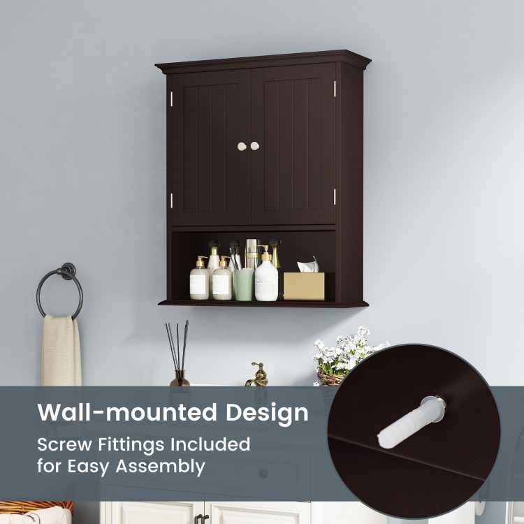 Wall-mounted brown bathroom cabinet with doors and adjustable shelves for organized storage in any space.