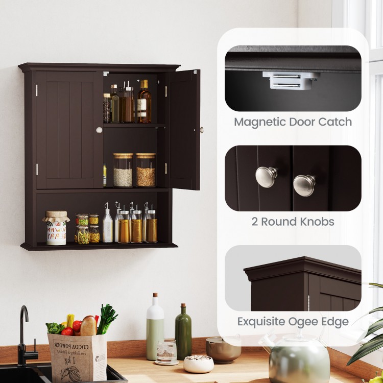 Wall-mounted brown bathroom cabinet with two doors and adjustable shelves for versatile storage in any room.