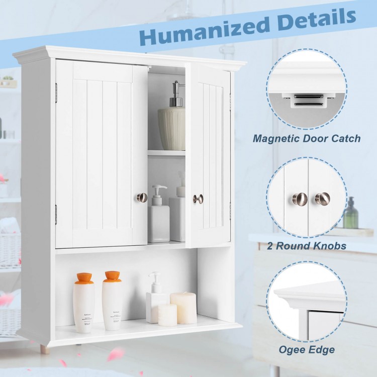 Wall-mounted bathroom cabinet in white with two doors, adjustable shelves, and a smooth, waterproof finish for.