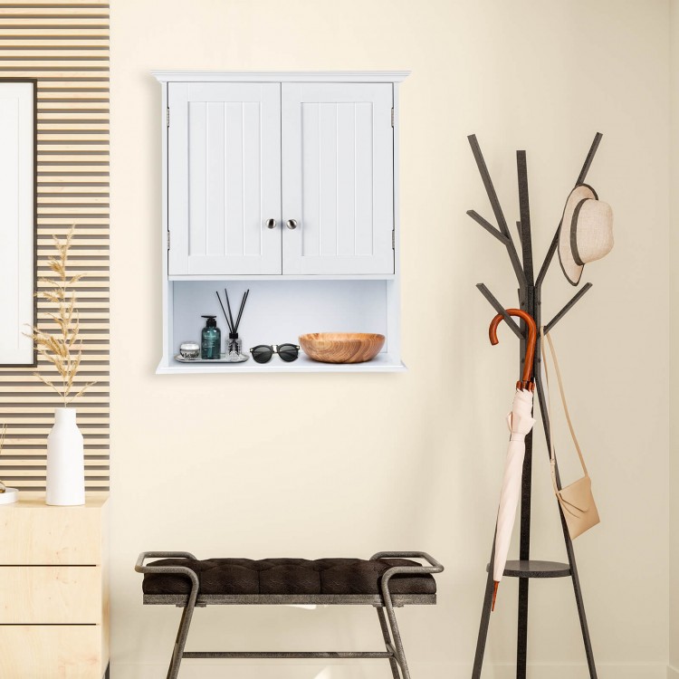 Wall-mounted white bathroom cabinet with two doors and adjustable shelves for organized storage in any room.