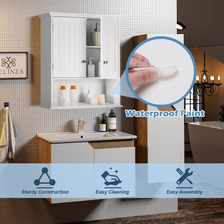 Wall-mounted bathroom cabinet in white with two doors and adjustable shelves for organized storage and easy access.