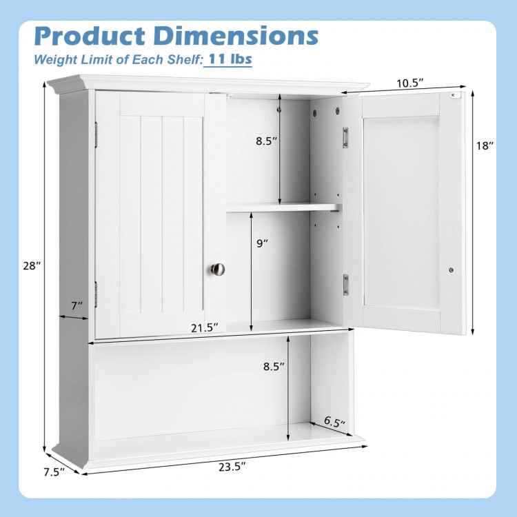 Wall-mounted white bathroom cabinet with adjustable shelves and two doors for organized storage in small spaces.