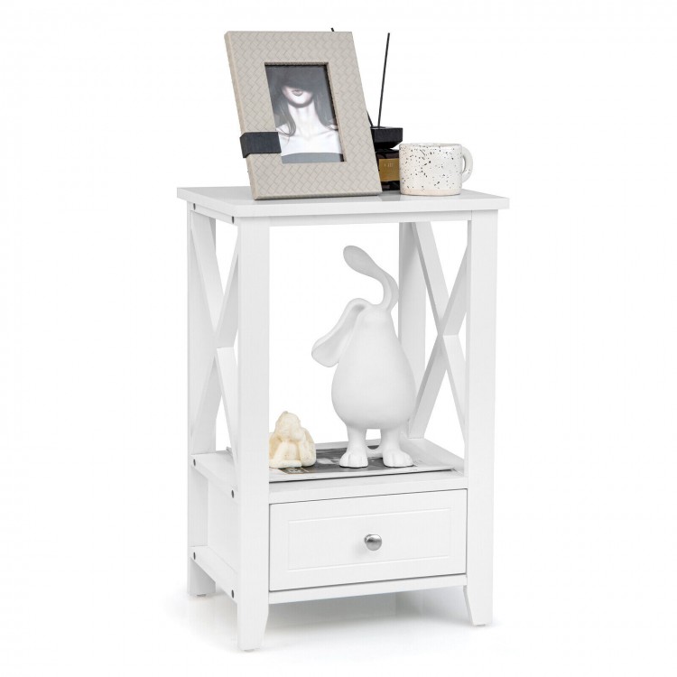 White 2-tier nightstand with storage drawer, X-shaped design, and large tabletop for versatile use in any room.