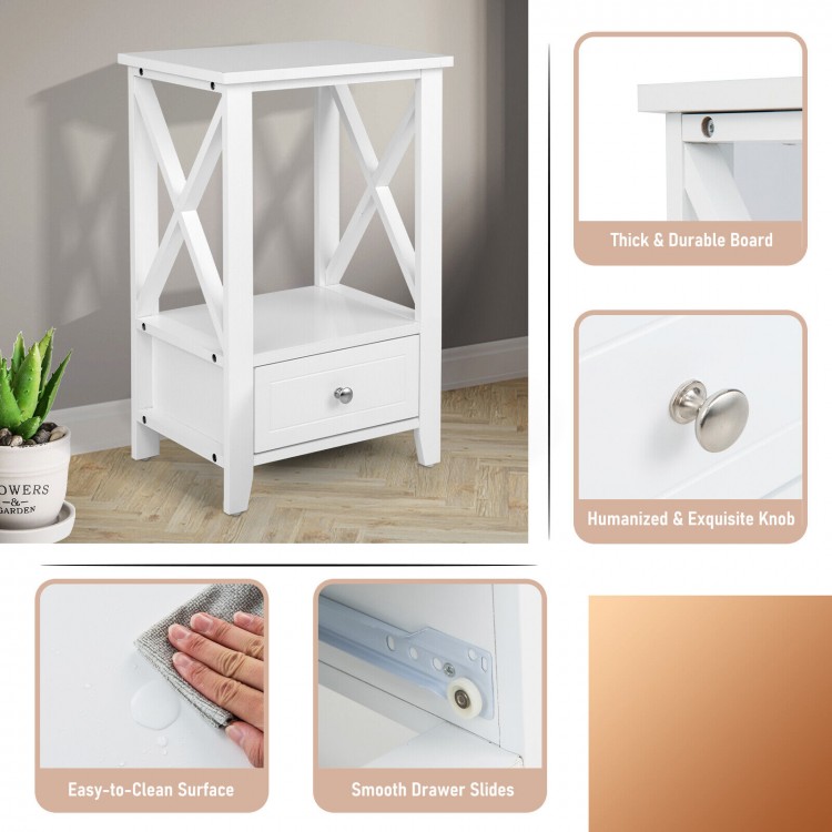 White 2-tier nightstand with storage drawer, featuring a sturdy MDF frame and X-shaped design for stability and.
