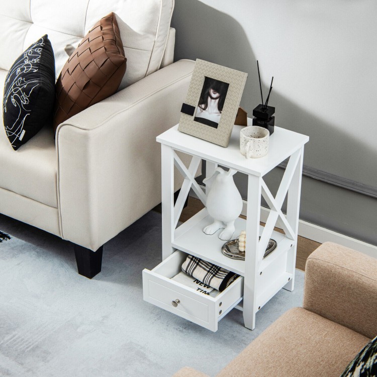 White 2-tier nightstand with storage drawer, open shelf, and X-shaped design, perfect for living room or bedroom use.