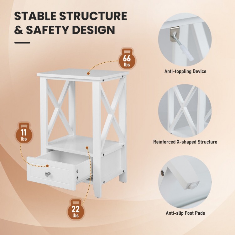 White 2-tier nightstand with storage drawer, X-shaped structure, and anti-toppling device for stability and safety.