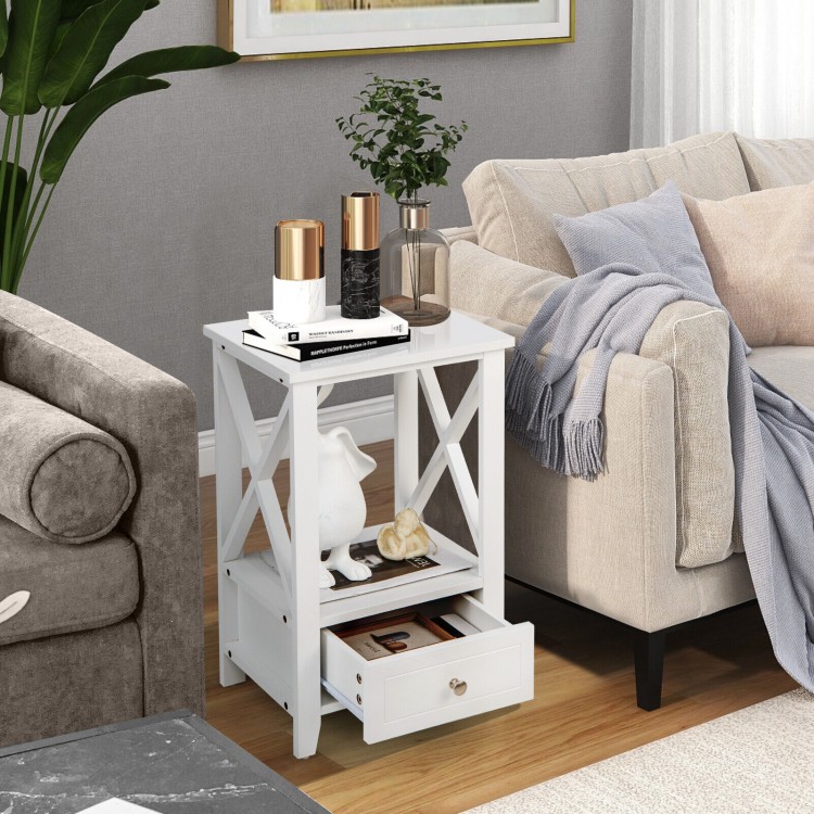 2-tier white nightstand with drawer and open shelf, showcasing an elegant X-shaped design for stylish storage solutions.
